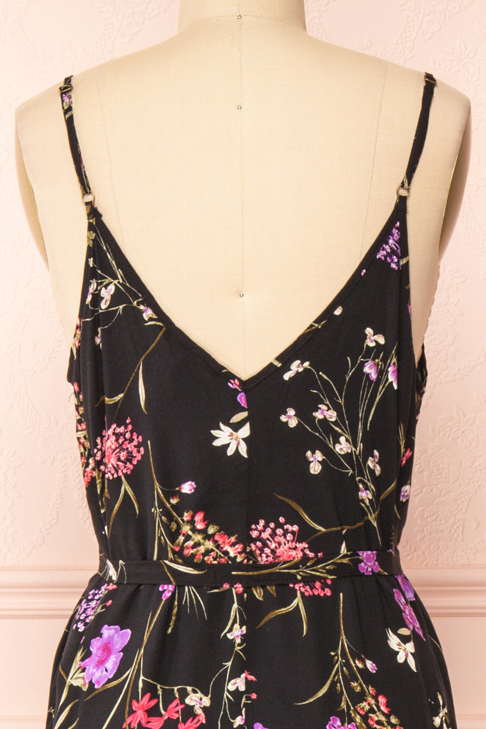 Mamie Black Floral Maxi Dress w/ Belt | Boutique 1861 back close-up