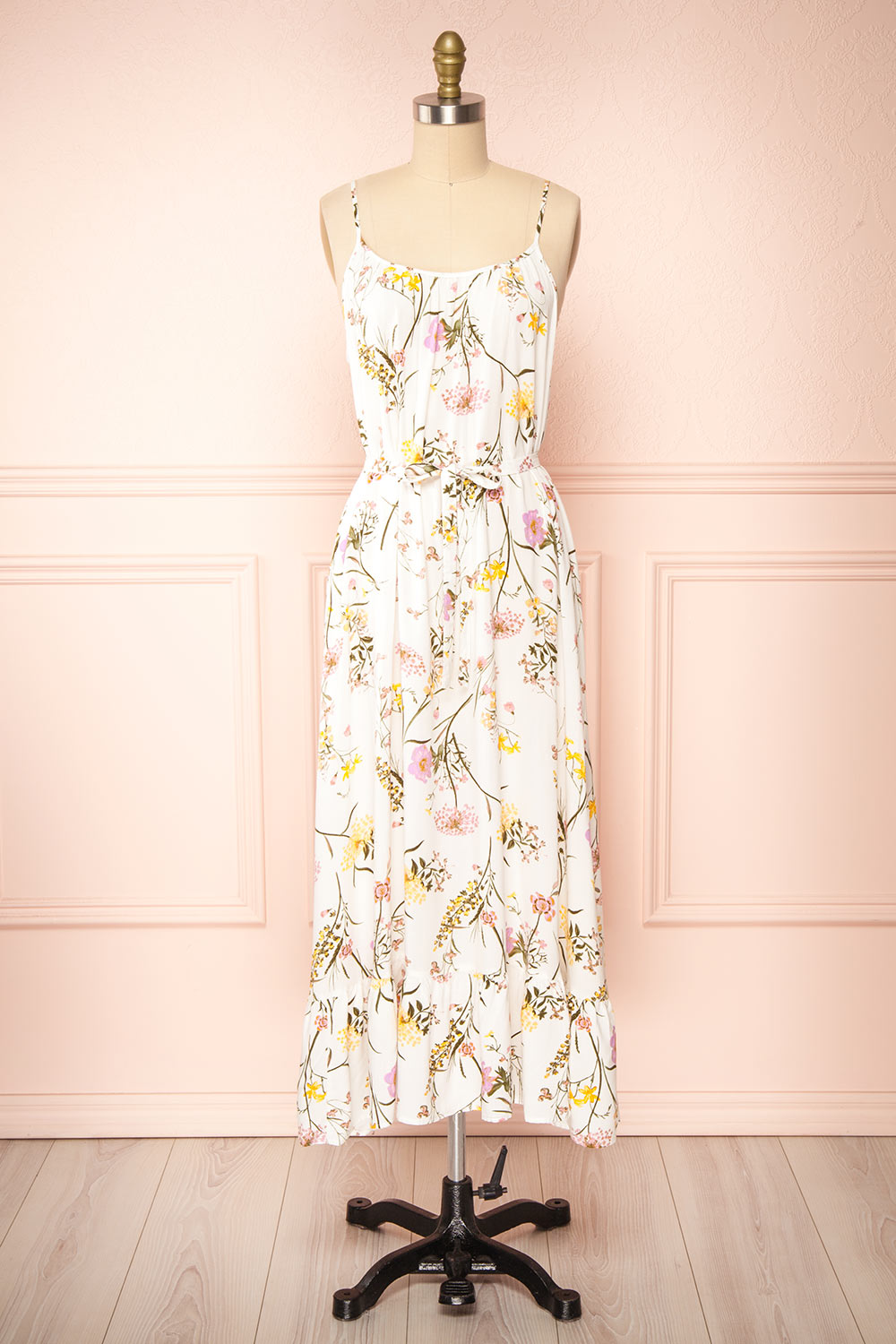 Mamie White Floral Maxi Dress w/ Belt | Boutique 1861 front view