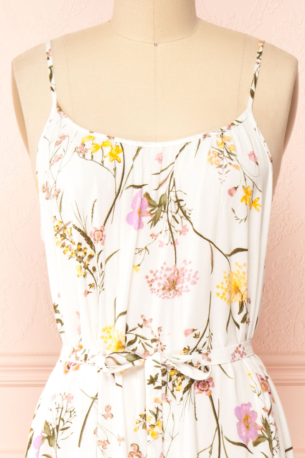 Mamie White Floral Maxi Dress w/ Belt | Boutique 1861 front close-up