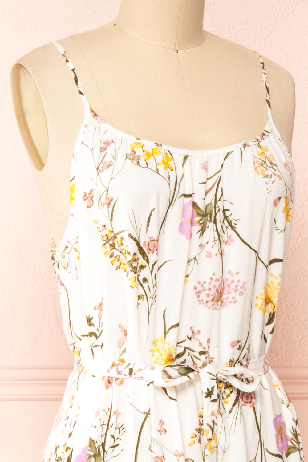 Mamie White Floral Maxi Dress w/ Belt | Boutique 1861 side close-up