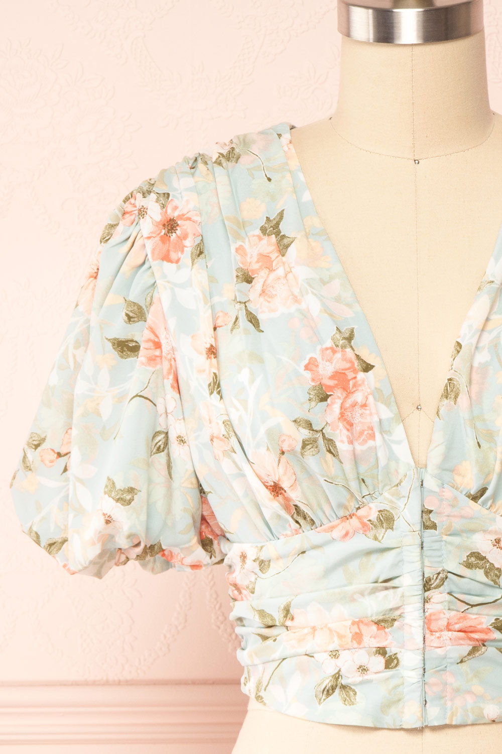 Mandukhai Cropped Floral Top w/ Puffy Sleeves | Boutique 1861  front close up
