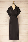 Maracay Short Sleeve Black Satin Wrap Midi Dress | La petite garçonne front view