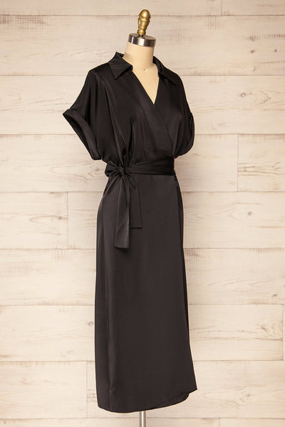 Maracay Short Sleeve Black Satin Wrap Midi Dress | La petite garçonne side view