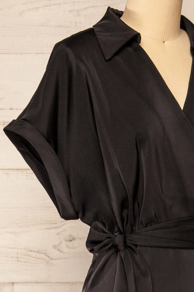 Maracay Short Sleeve Black Satin Wrap Midi Dress | La petite garçonne side close-up