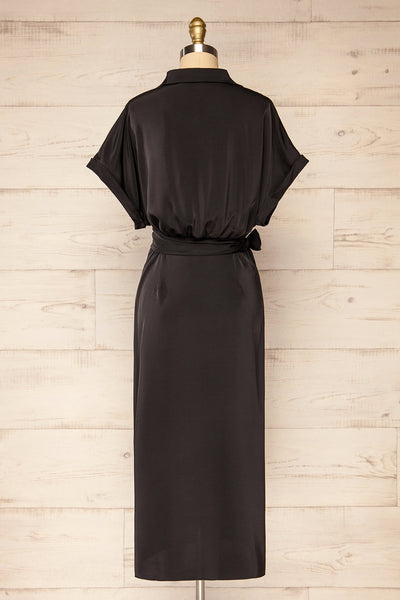 Maracay Short Sleeve Black Satin Wrap Midi Dress | La petite garçonne back view