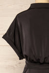 Maracay Short Sleeve Black Satin Wrap Midi Dress | La petite garçonne back close-up