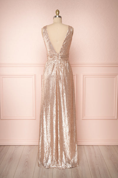 Marie-France Rose Gold Sequined Empire Waist Gown back view | Boutique 1861