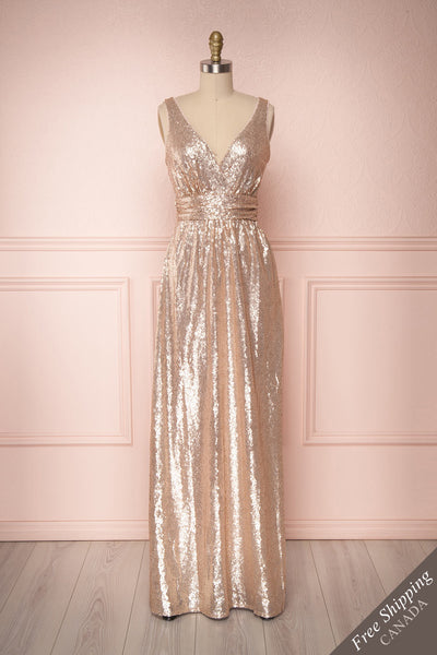 Marie-France Rose Gold Sequined Empire Waist Gown front view | Boutique 1861