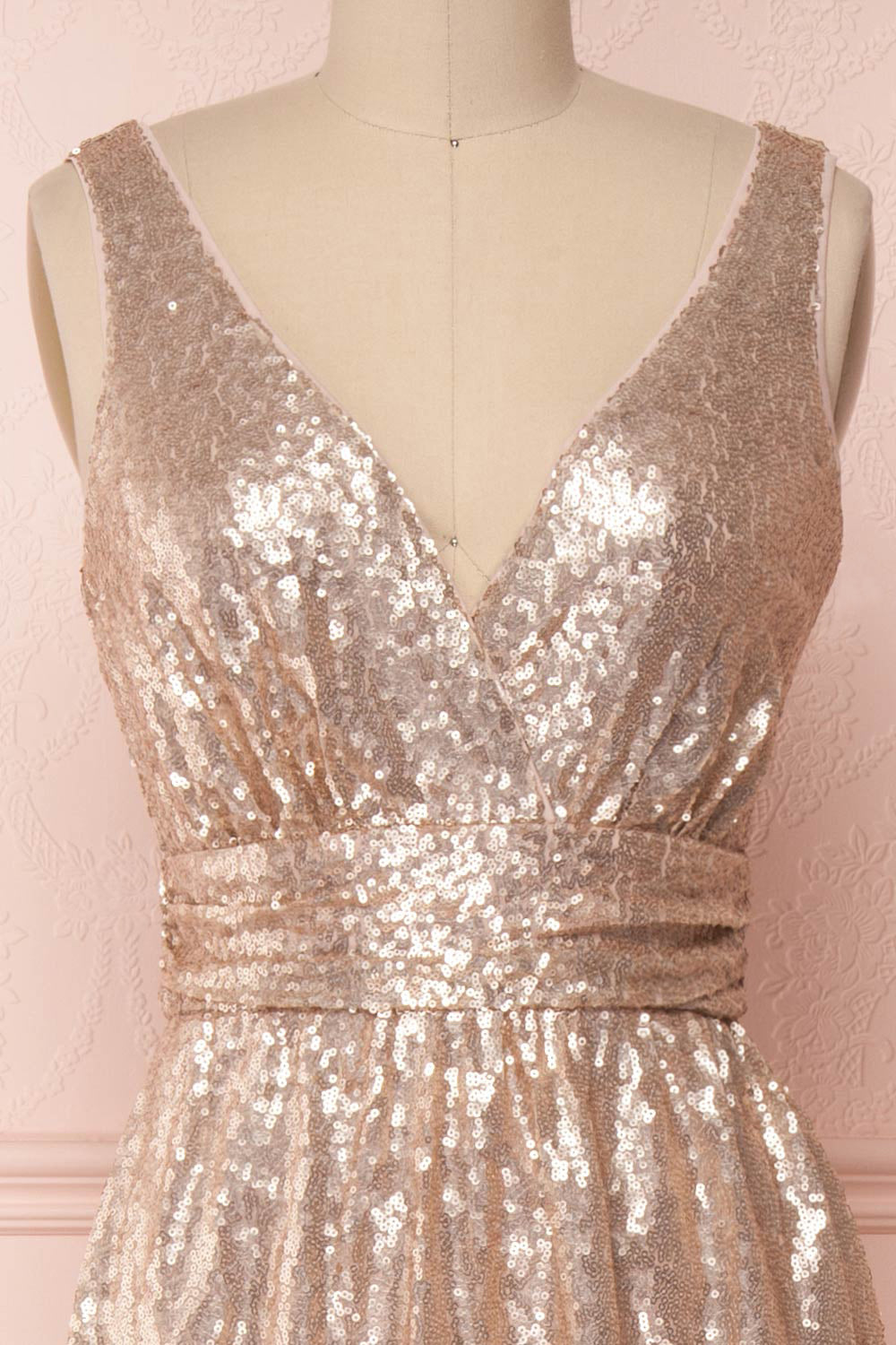 Marie-France Rose Gold Sequined Empire Waist Gown front close up | Boutique 1861