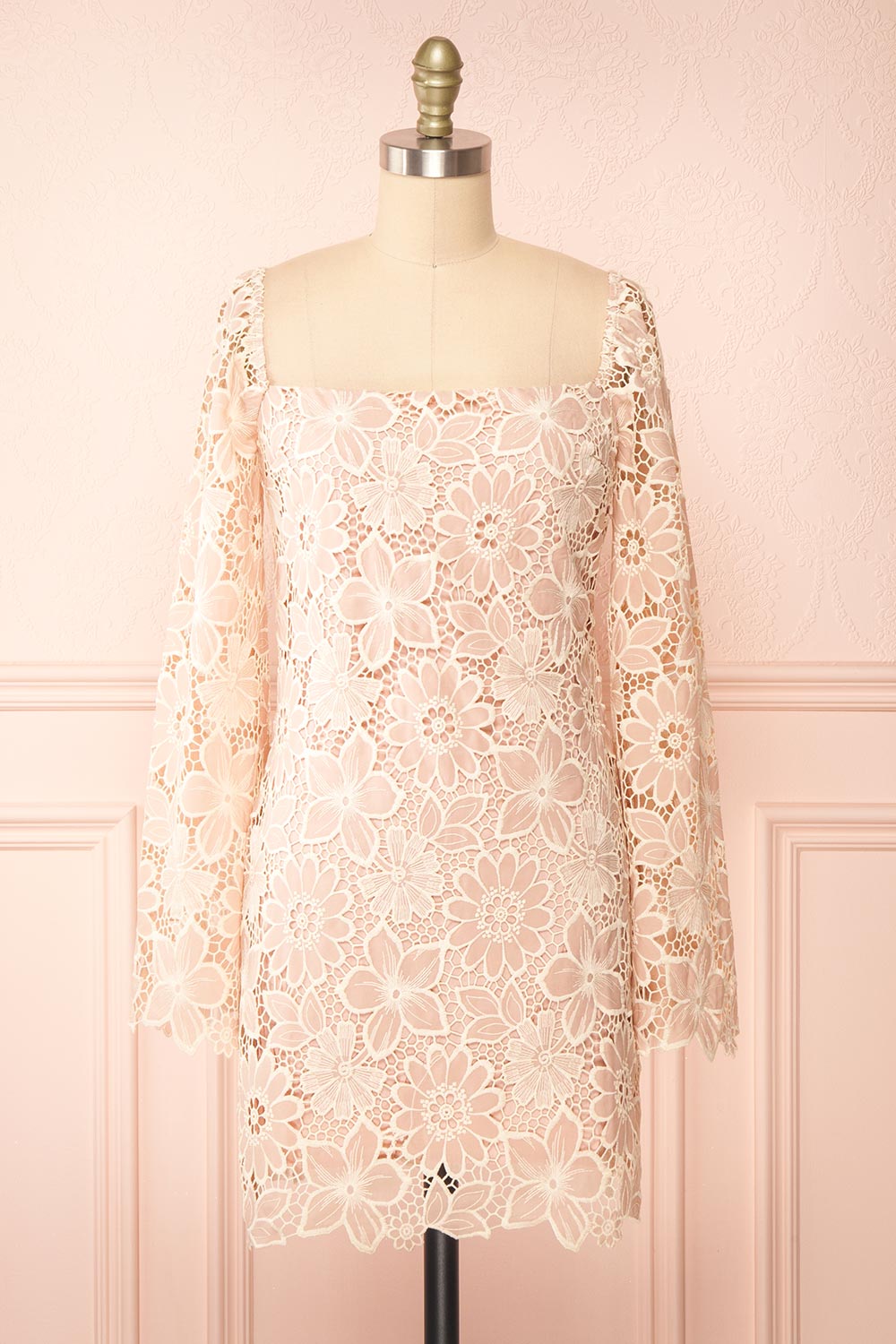 Marie-Liesse Short Pink Open-Work Lace Dress | Boutique 1861 front view 