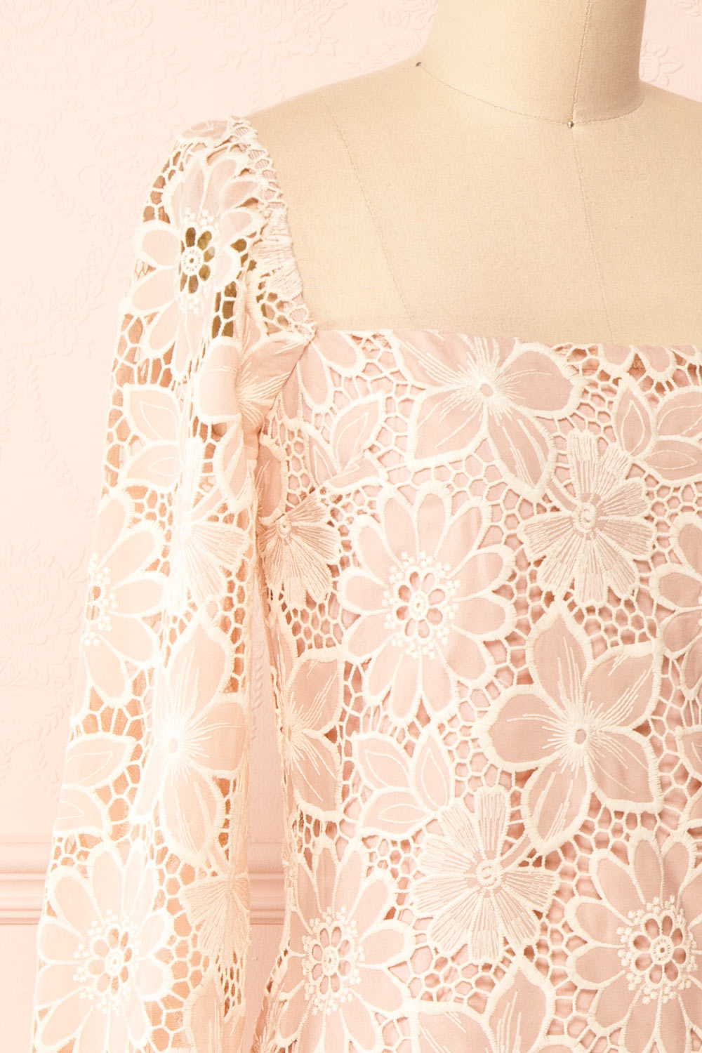Marie-Liesse Short Pink Open-Work Lace Dress | Boutique 1861 side close-up