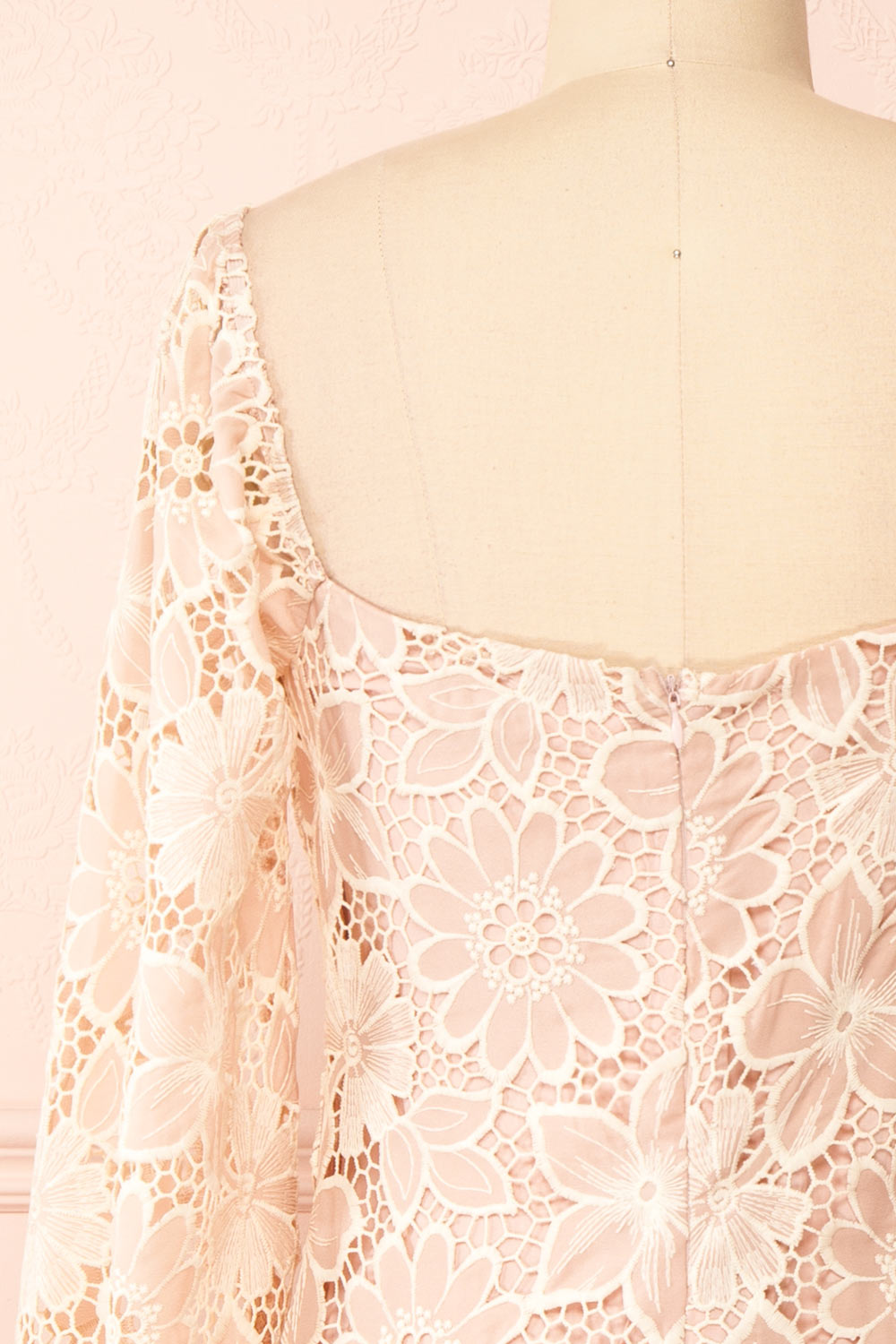 Marie-Liesse Short Pink Open-Work Lace Dress | Boutique 1861 back close-up