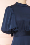 Mariela Navy Mock Neck Silky Midi Dress | Boutique 1861 side close-up
