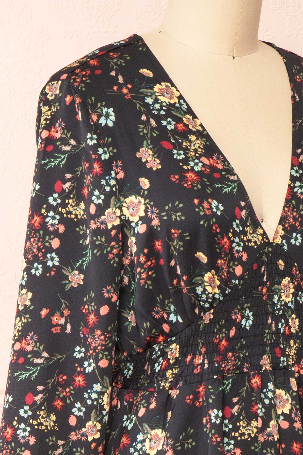 Marielle Short Floral Dress with 3/4 sleeves | Boutique 1861 side close-up