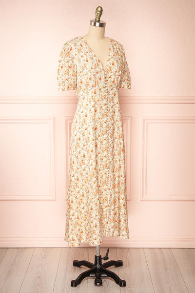 Marily | Floral Button-Up V-Neck Midi Dress