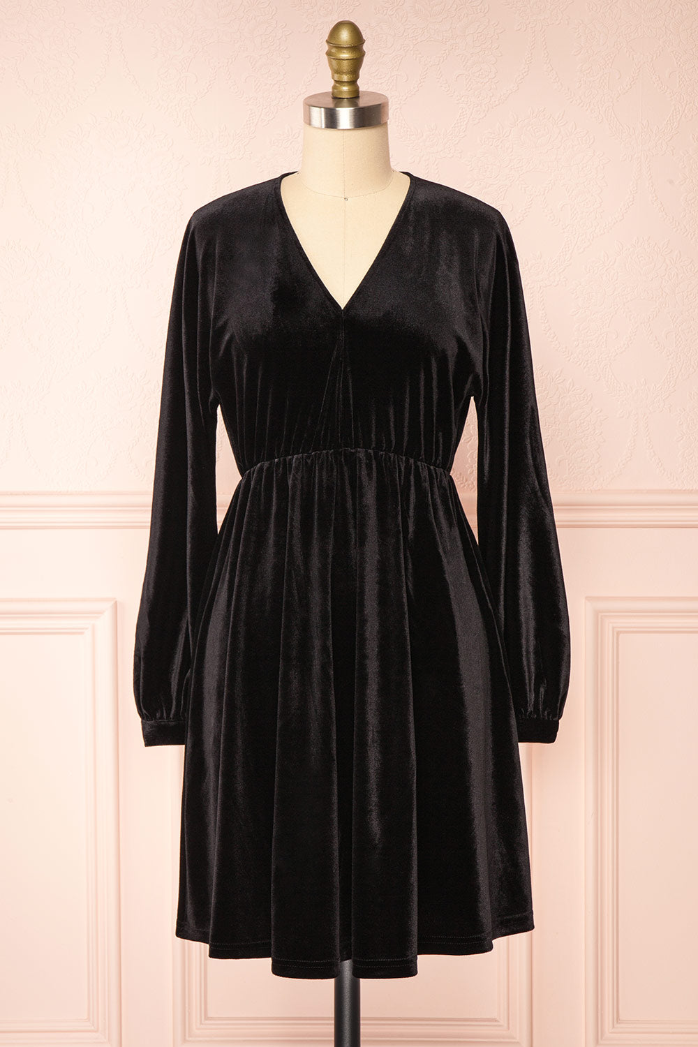 Mariza Black Short V-Neck Velvet Dress w/ Long Sleeves | Boutique 1861 front view