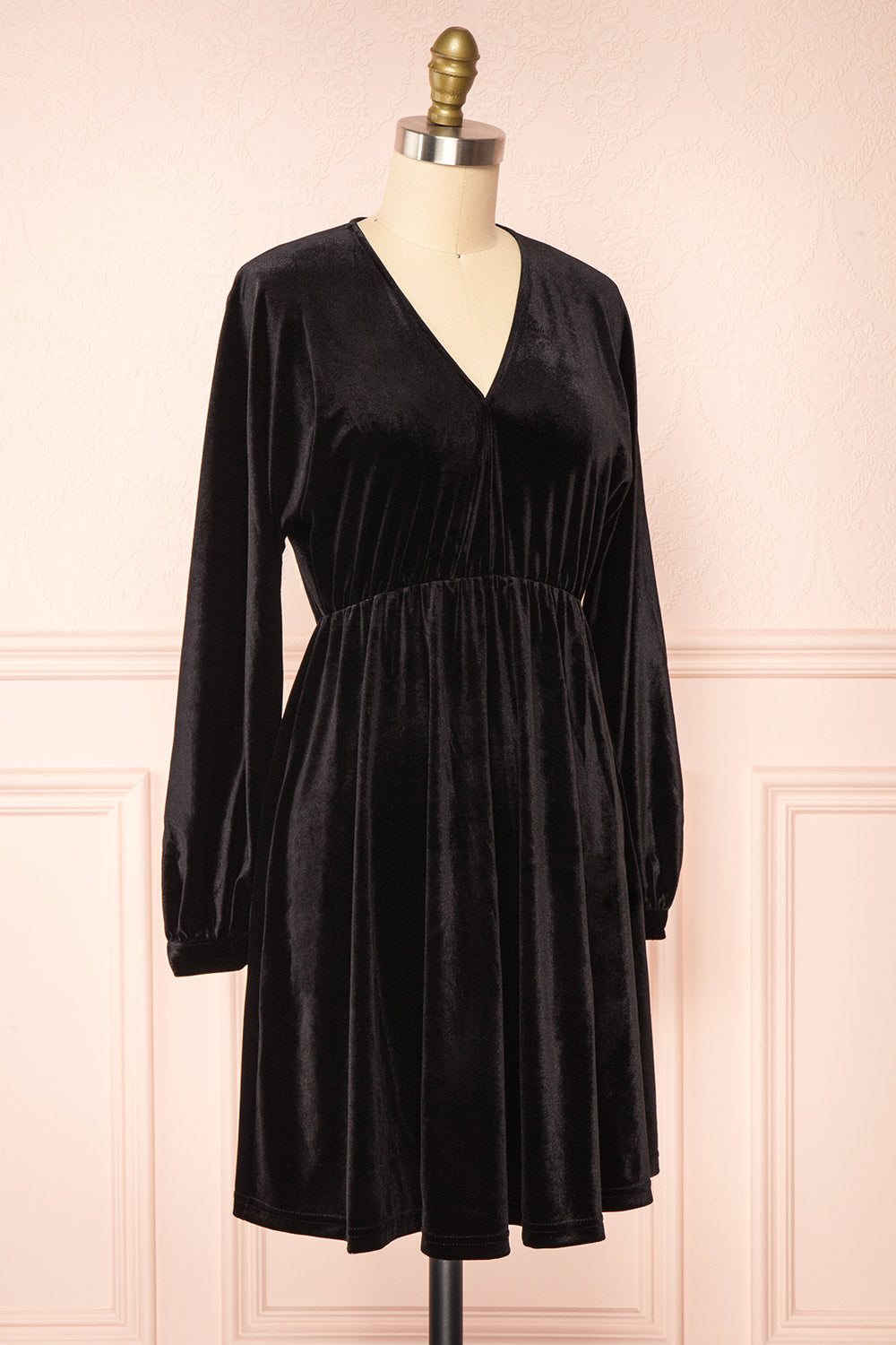 Mariza Black Short V-Neck Velvet Dress w/ Long Sleeves | Boutique 1861 side view