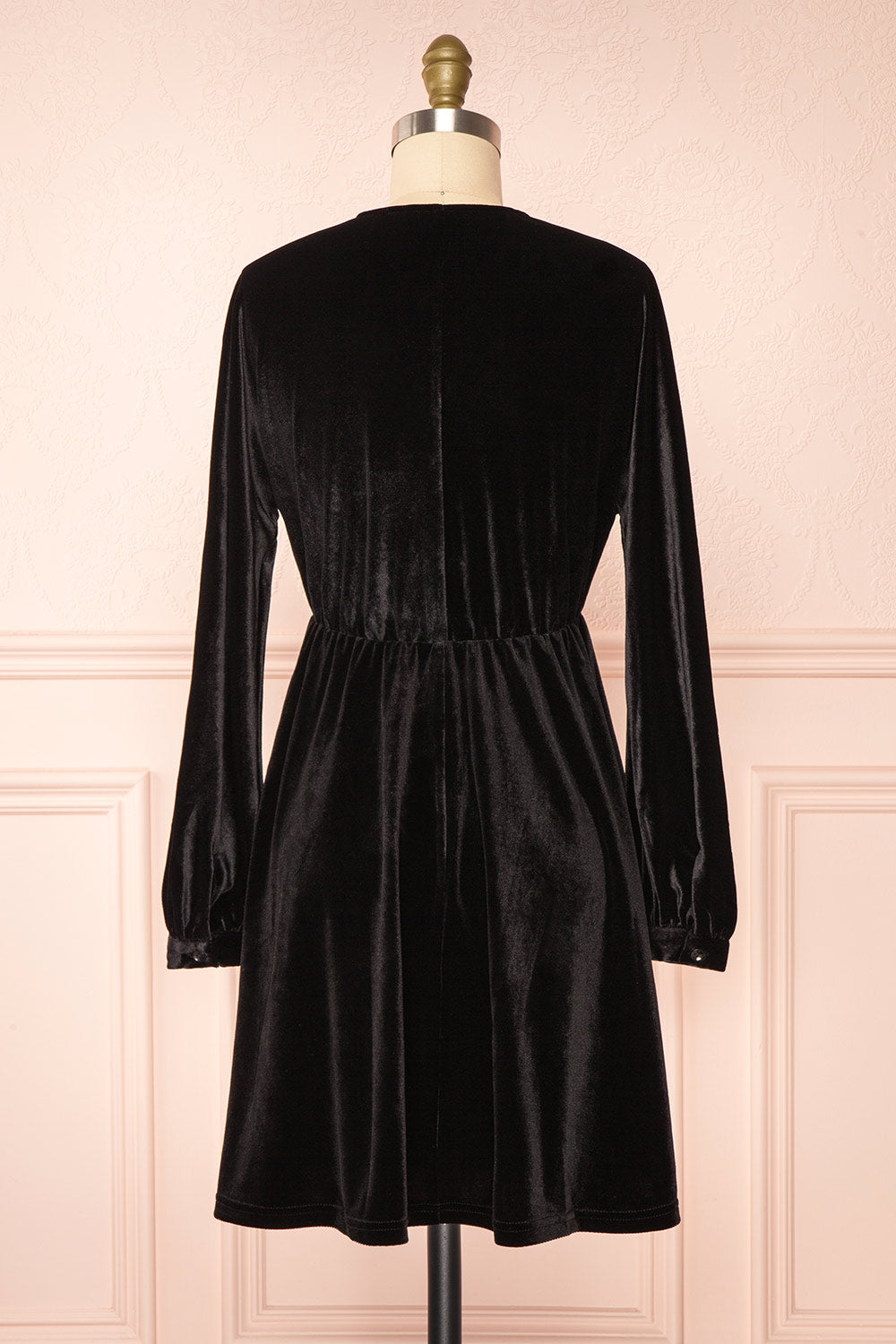 Mariza Black Short V-Neck Velvet Dress w/ Long Sleeves | Boutique 1861 back view