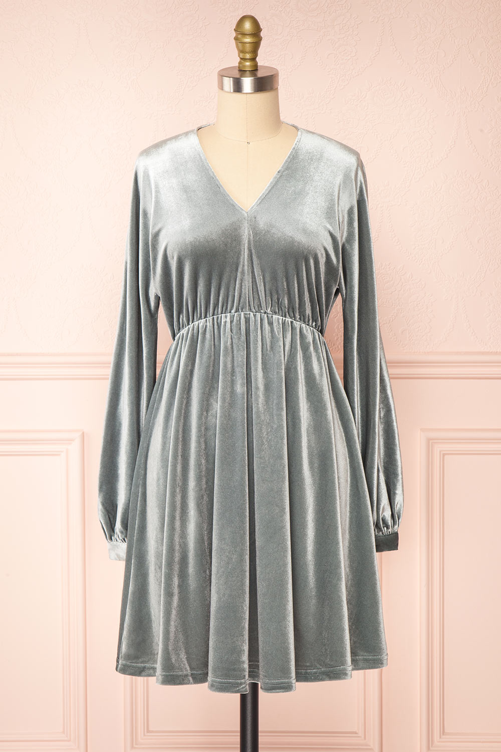 Mariza Silver V-Neck Velour Dress | Boutique 1861 front view