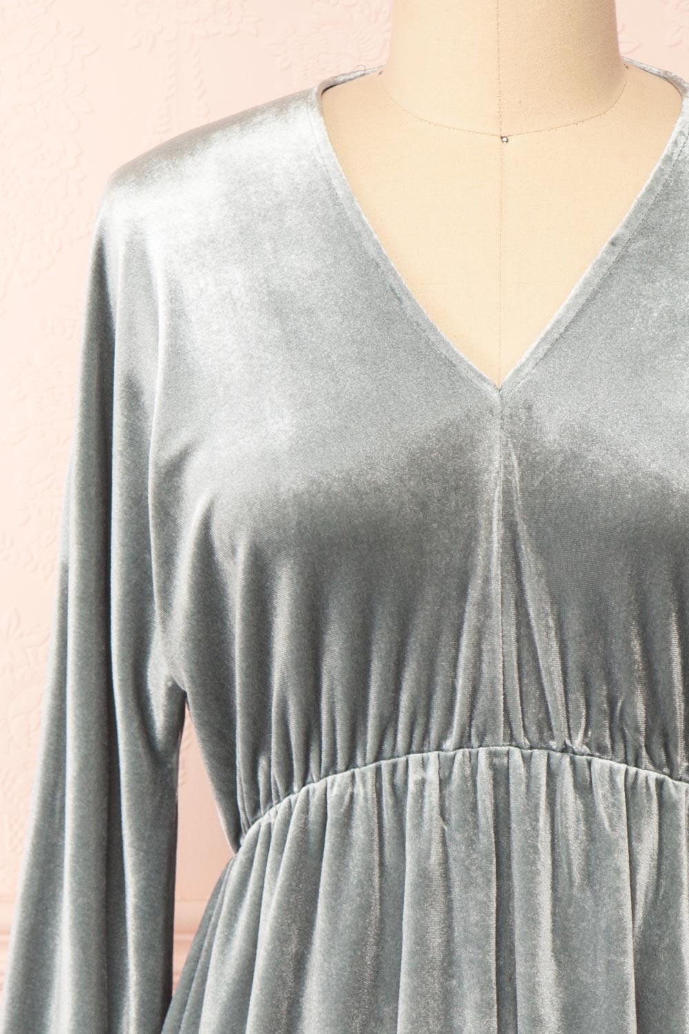 Mariza Silver V-Neck Velour Dress | Boutique 1861 front close-up