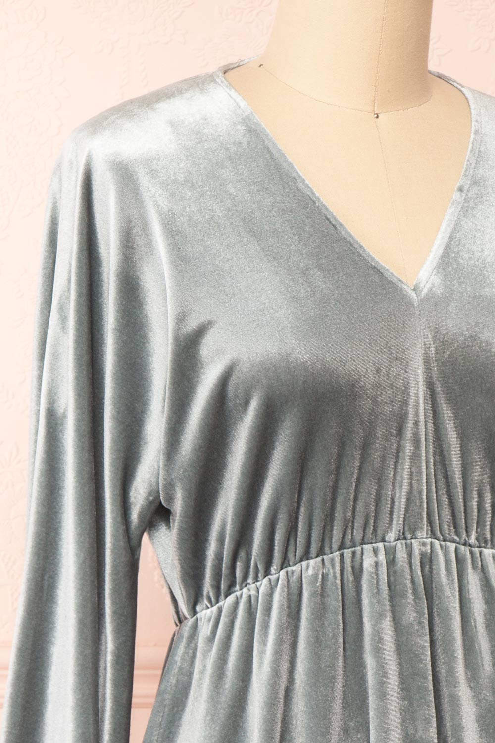 Mariza Silver V-Neck Velour Dress | Boutique 1861 side close-up