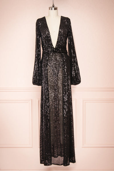 Marta Black Plunging Neckline Sparkling Maxi Dress | Boutique 1861  front view