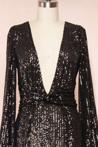 Marta Black Plunging Neckline Sparkling Maxi Dress | Boutique 1861  front close up