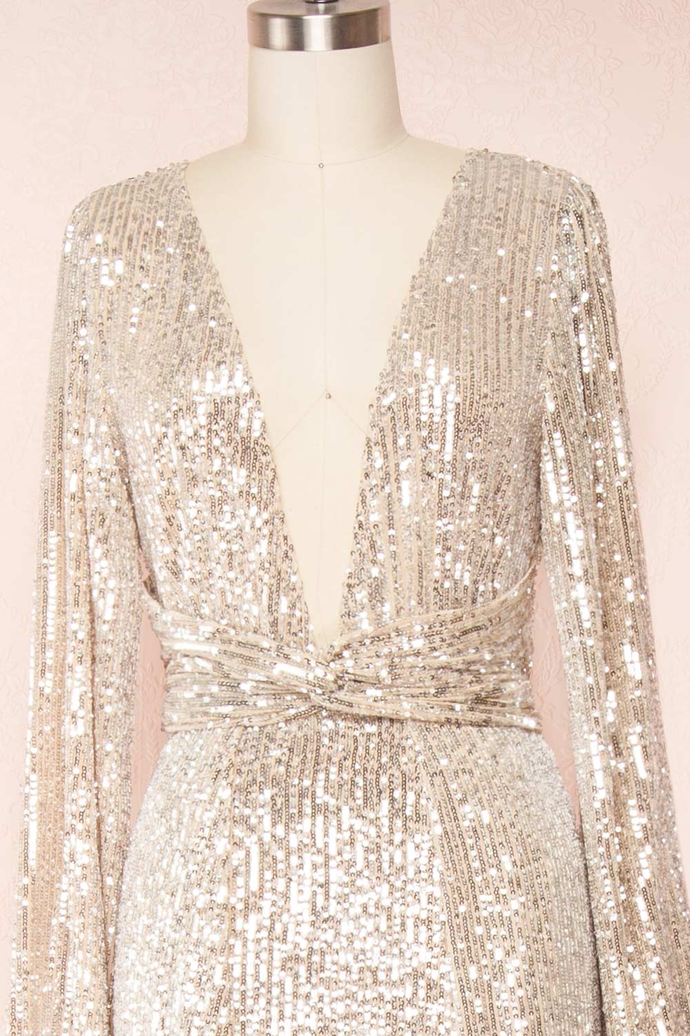 Marta Silver Plunging Neckline Sparkling Maxi Dress | Boutique 1861  front close up