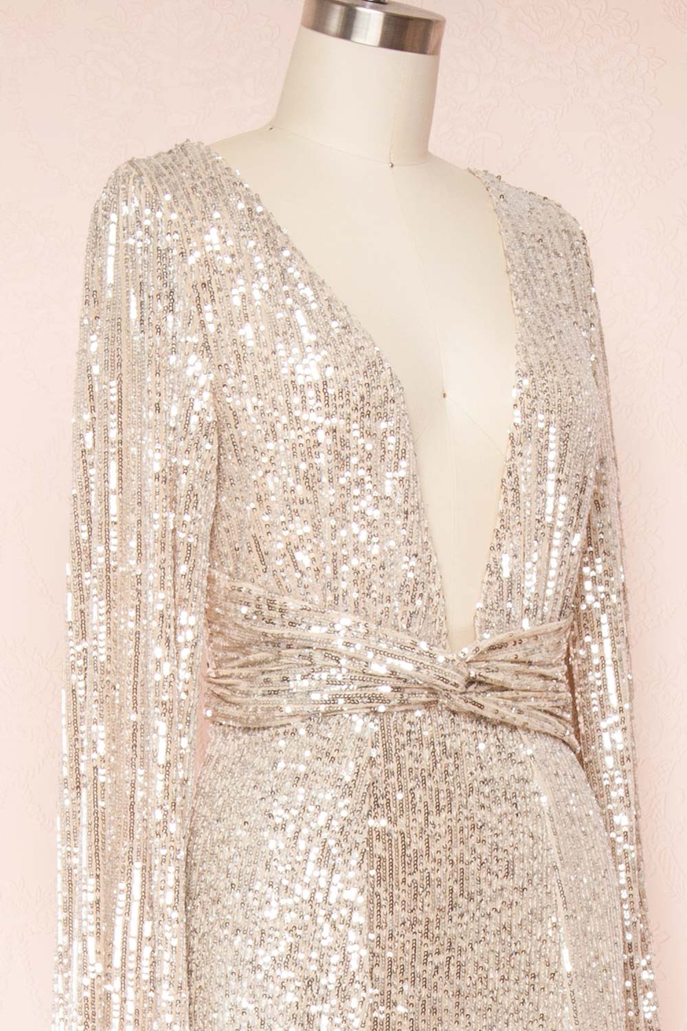 Marta Silver Plunging Neckline Sparkling Maxi Dress | Boutique 1861 side close up