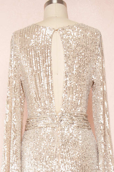 Marta Silver Plunging Neckline Sparkling Maxi Dress | Boutique 1861  back close up