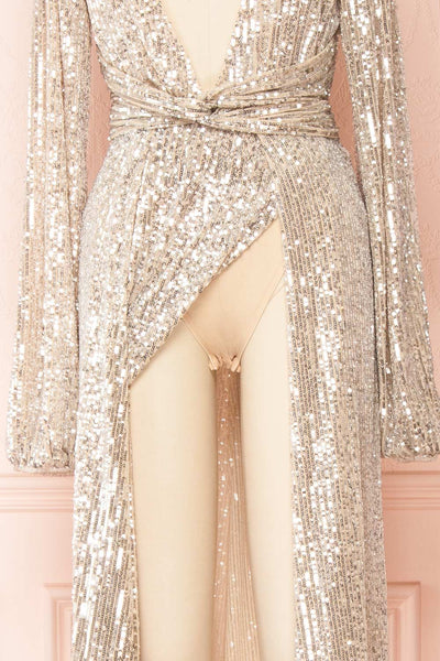 Marta Silver Plunging Neckline Sparkling Maxi Dress | Boutique 1861 close up