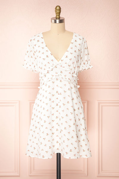 Marva White Floral V-Neck Short Sleeve Dress | Boutique 1861 front view