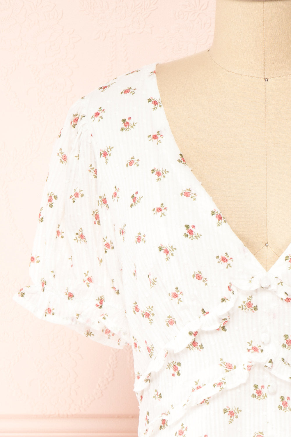 Marva White Floral V-Neck Short Sleeve Dress | Boutique 1861 front close-up
