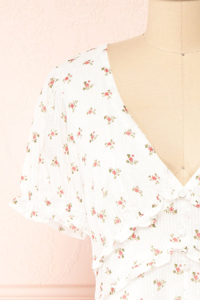 Marva White Floral V-Neck Short Sleeve Dress | Boutique 1861 front close-up