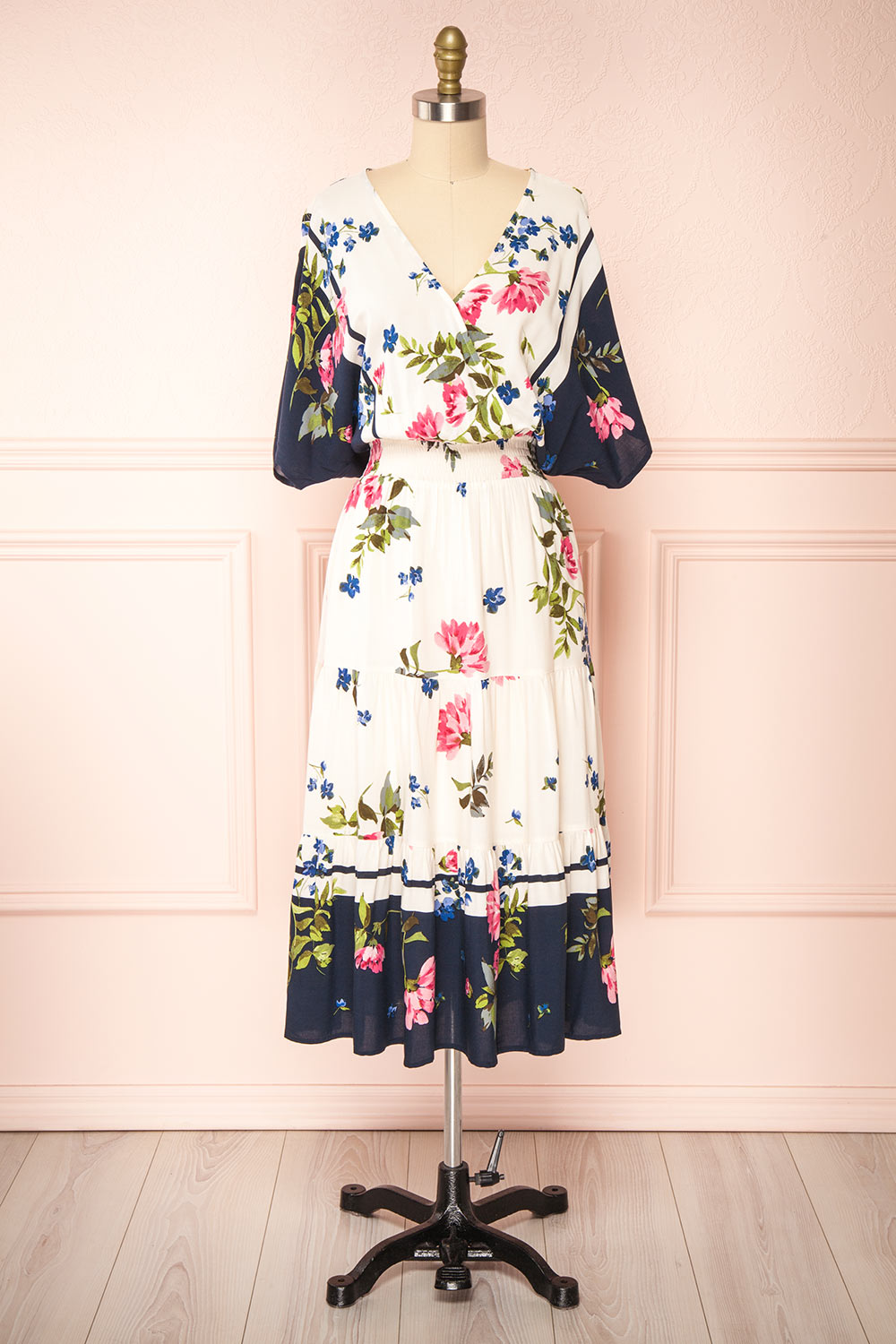 Maryse Floral Short Sleeve Faux Wrap Midi Dress | Boutique 1861 front view