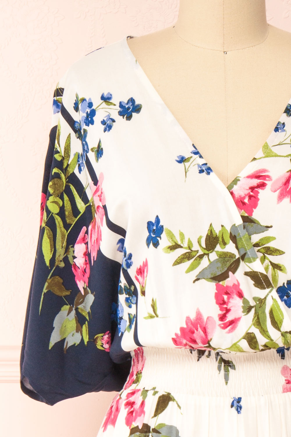 Maryse Floral Short Sleeve Faux Wrap Midi Dress | Boutique 1861 front close-up