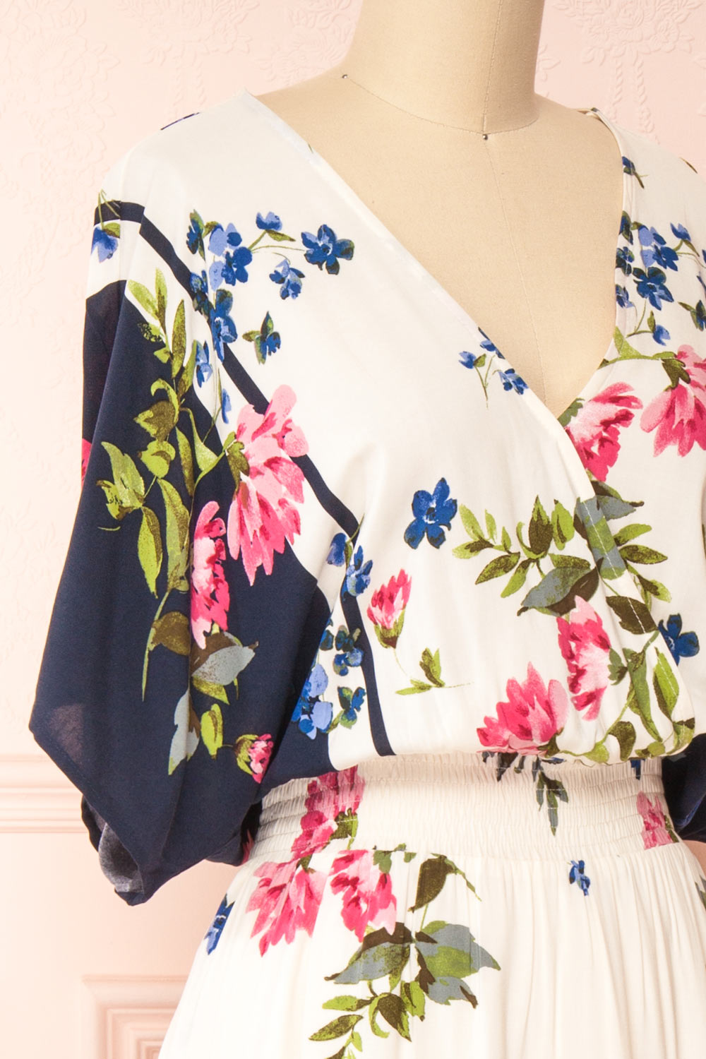 Maryse Floral Short Sleeve Faux Wrap Midi Dress | Boutique 1861 side close-up