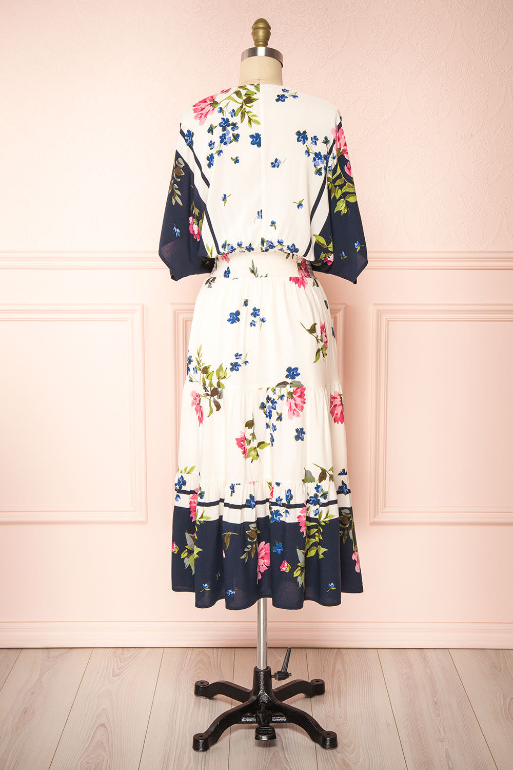 Maryse Floral Short Sleeve Faux Wrap Midi Dress | Boutique 1861 back view 