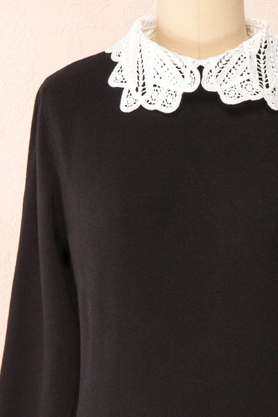 Marza Black Long Sleeve Lace Collar Top | Boutique 1861 front close-up