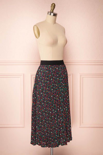 Maura Black & Colourful Floral Pleated Midi Skirt | SIDE VIEW | Boutique 1861