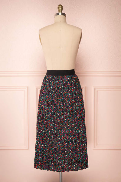 Maura Black & Colourful Floral Pleated Midi Skirt | BACK VIEW | Boutique 1861