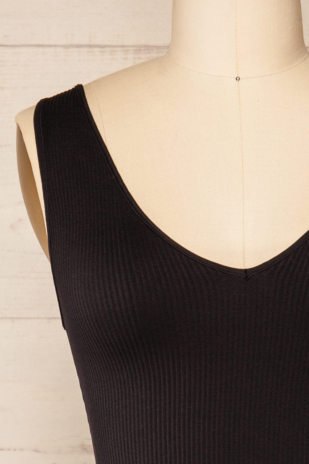 Maya Black Ribbed V-Neck Bodysuit | La petite garçonne front close-up