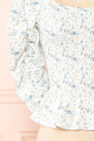 Mayanne Blue Ruched Floral Top | Boutique 1861 sleeve close-up