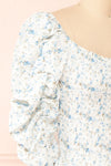 Mayanne Blue Ruched Floral Top | Boutique 1861side close-up