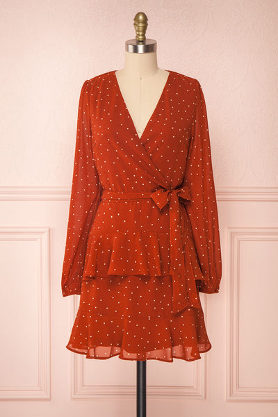 Mayifa Rust Orange Polka Dot A-Line Short Dress front view | Boutique 1861