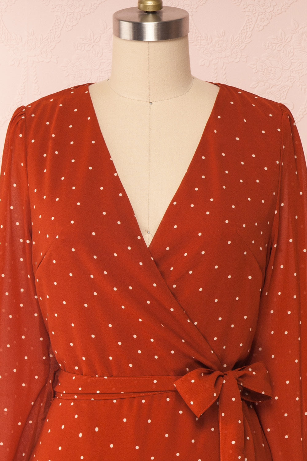 Mayifa Rust Orange Polka Dot A-Line Short Dress front close up | Boutique 1861