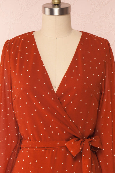 Mayifa Rust Orange Polka Dot A-Line Short Dress front close up | Boutique 1861
