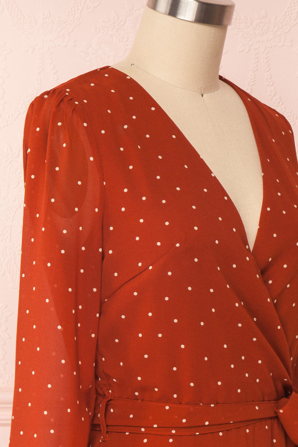 Mayifa Rust Orange Polka Dot A-Line Short Dress side close up | Boutique 1861