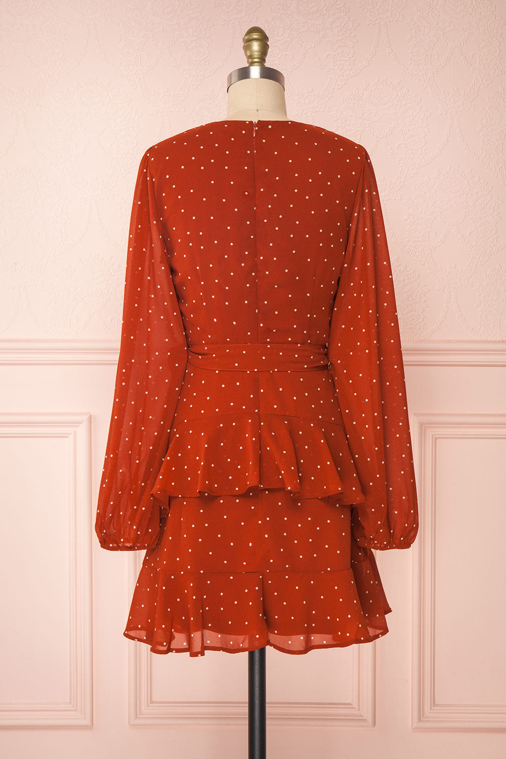 Mayifa Rust Orange Polka Dot A-Line Short Dress back view | Boutique 1861