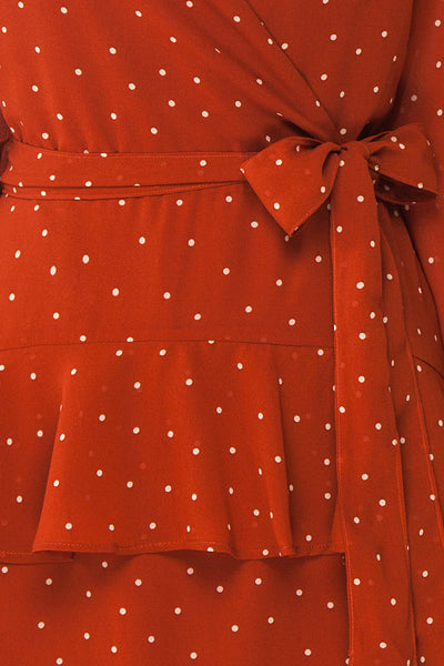 Mayifa Rust Orange Polka Dot A-Line Short Dress fabric close up | Boutique 1861